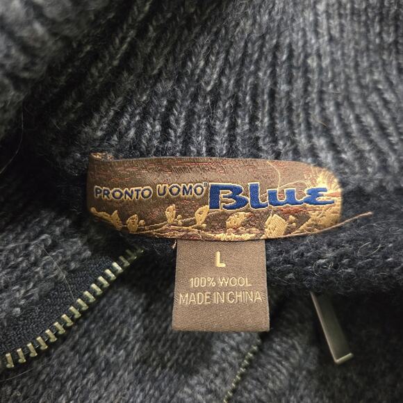 Pronto Uomo Blue Charcoal Zip-Up 100% Wool Sweater Elbow Patches Size Large - Picture 4 of 7